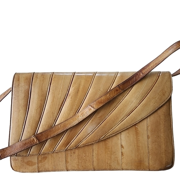 Vintage tan Eel skin leather purse handbag with long removable shoulder strap - Picture 2 of 14